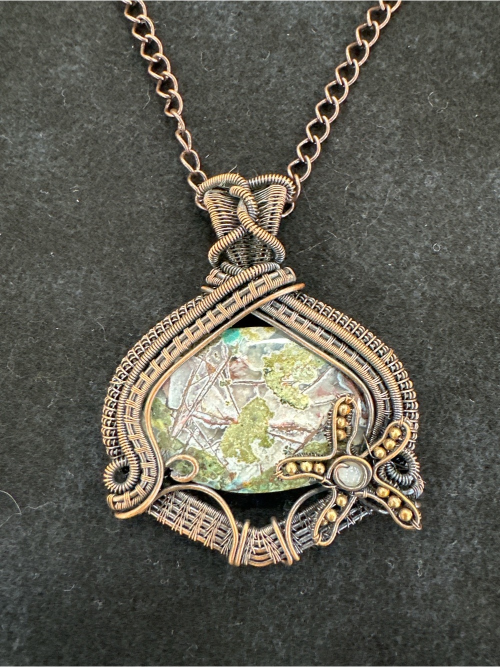 Handcrafted Wire-Wrapped Pendant Necklace with rare Crysocolla Native Copper Gem